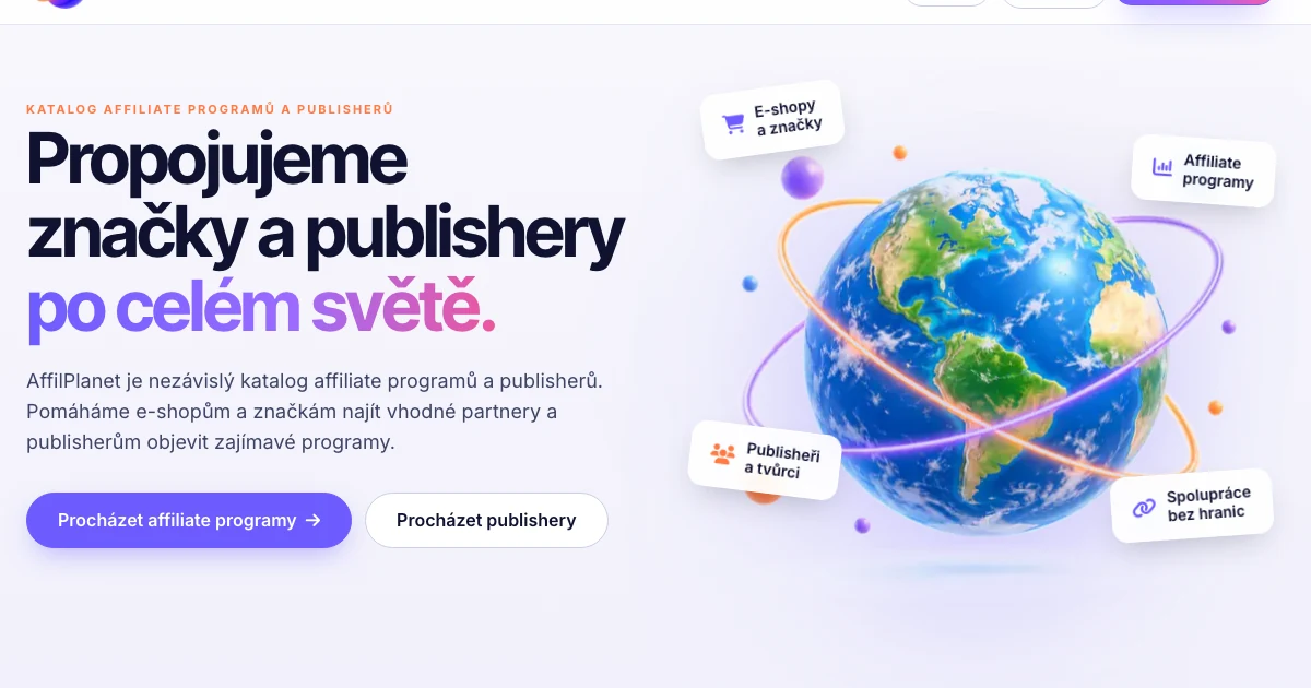 Úvodní stránka katalogu AffilPlanet: dvě cesty pro e-shopy a publishery, vybraní publisheři a doporučené affiliate programy s výší provize a délkou cookie