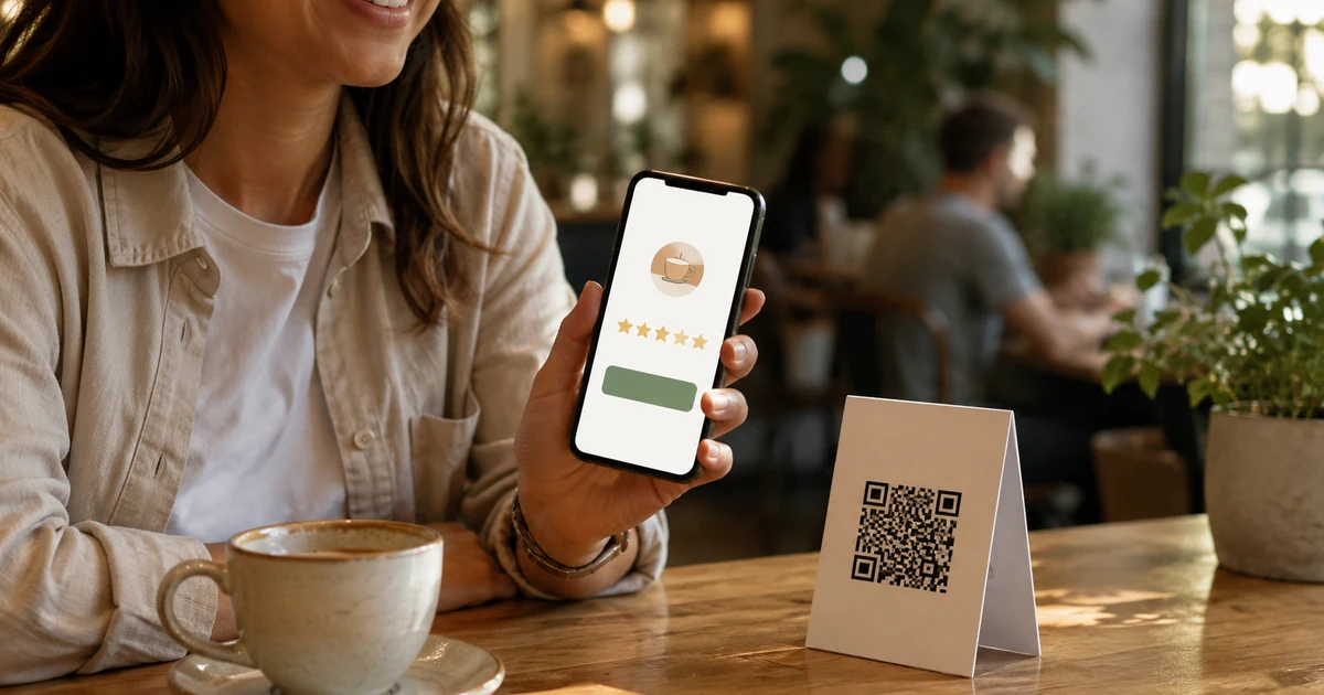 Usměvavá hostka v kavárně vyplňuje na telefonu krátký hvězdičkový dotazník, vedle stojánek s QR kódem