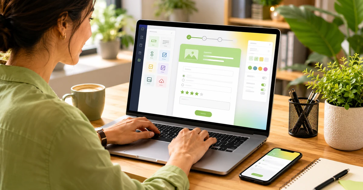Žena u notebooku vytváří online formulář v přehledném editoru s poli a hodnocením