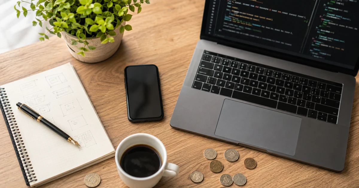 Pracovní stůl freelancera shora — laptop s kódem, notebook se skici, mince a káva