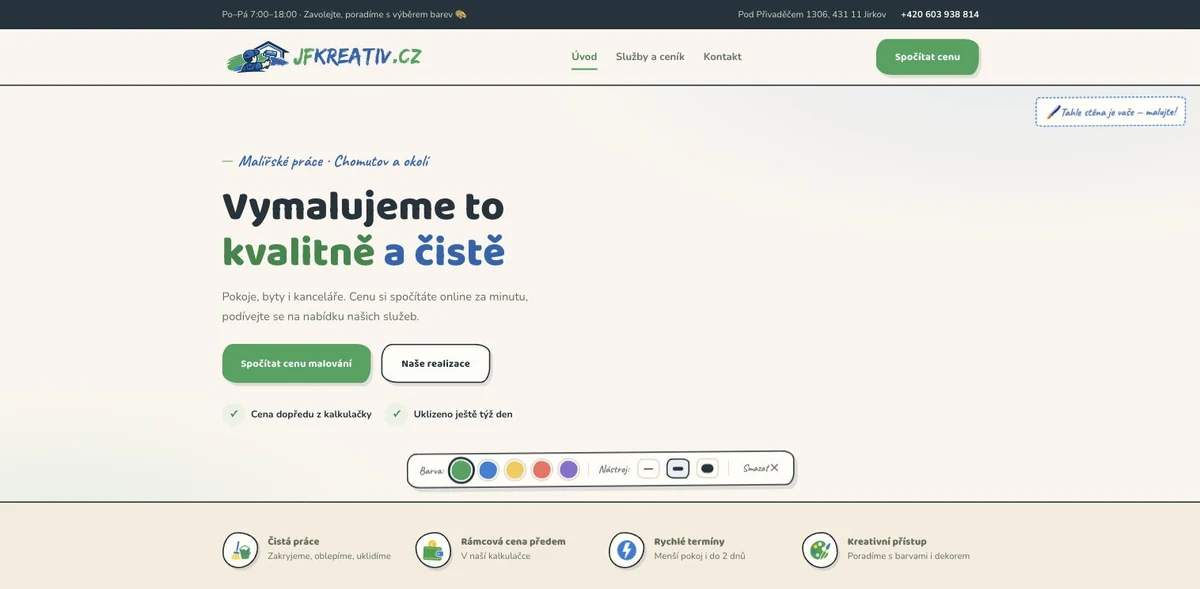 Úvodní stránka webu jfkreativ.cz s nadpisem Vymalujeme to kvalitně a čistě a tlačítkem Spočítat cenu malování
