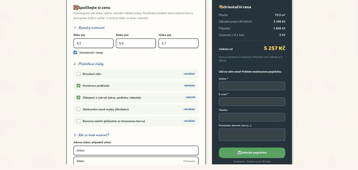 Kalkulačka ceny malování na webu JFKreativ s vypočítanou cenou