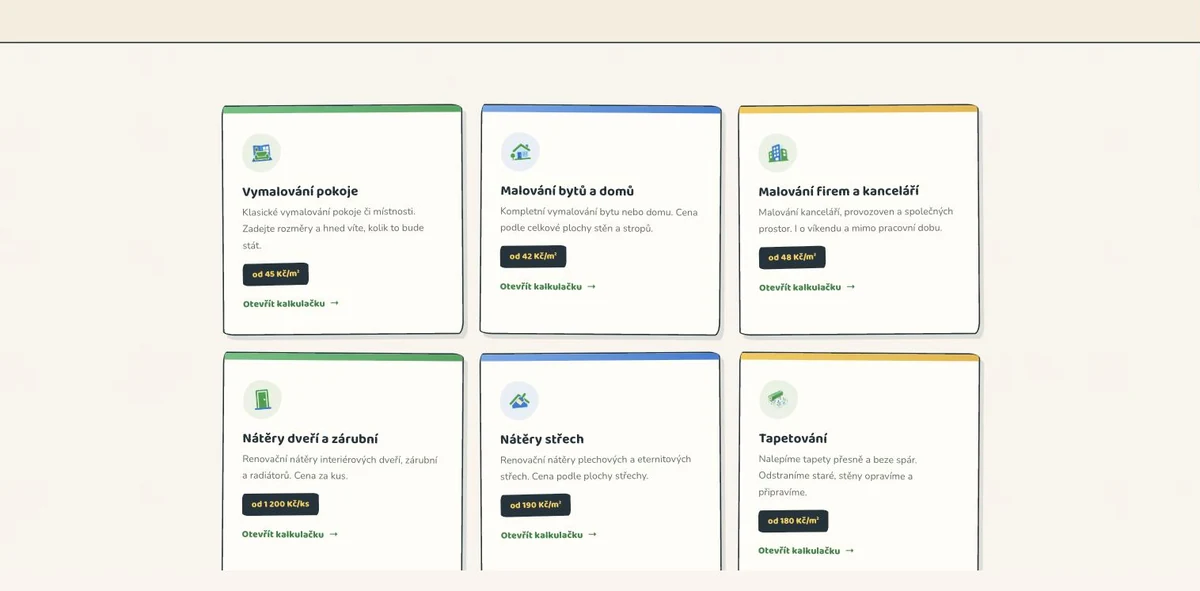 Přehled služeb na webu JFKreativ — karty s cenami od a odkazy na jednotlivé kalkulačky
