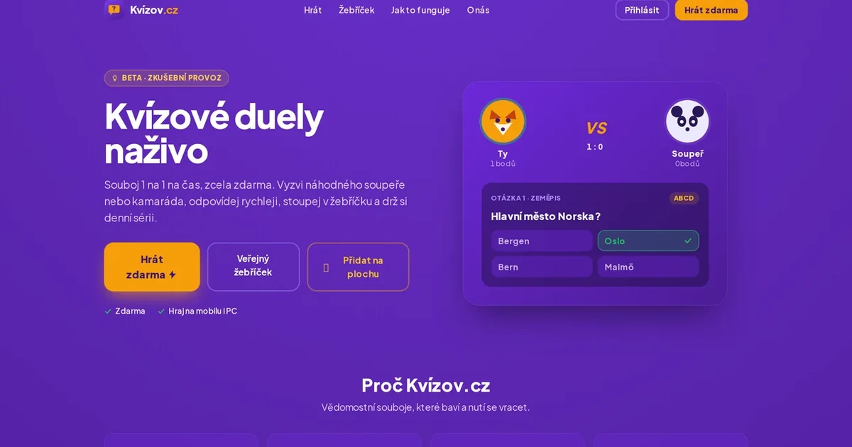 Hero sekce webu Kvízov.cz s kvízovým duelem 1 na 1 — Ty vs Soupeř