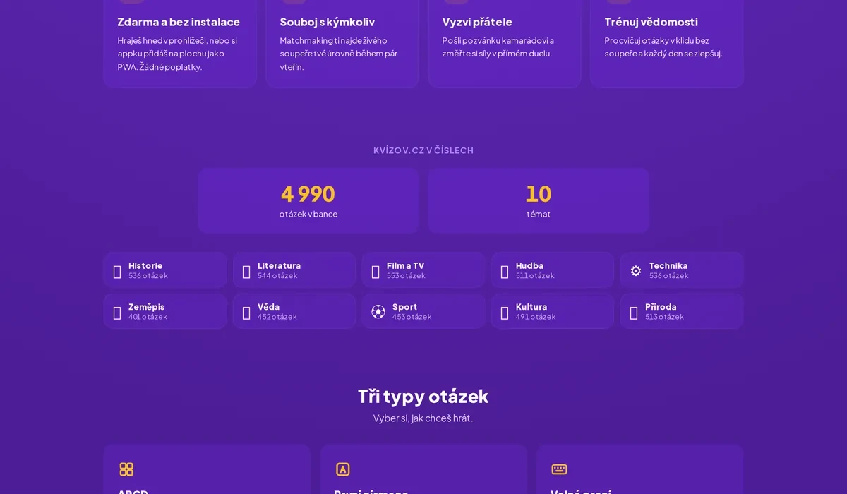Přehled témat na Kvízov.cz — 4 990 otázek v deseti tématech jako historie, literatura, film a TV, hudba, technika, zeměpis, věda, sport, kultura a příroda