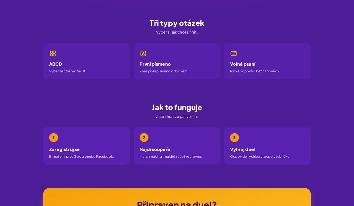 Tři typy otázek na Kvízov.cz — ABCD výběr ze čtyř možností, nápověda prvním písmenem a volné psaní odpovědi