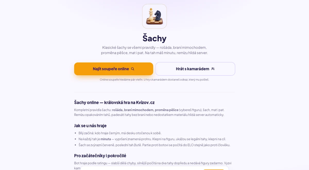 Stránka hry Šachy na Kvízov.cz — kompletní pravidla, minuta na tah, hra proti soupeři online nebo proti botovi podle ratingu