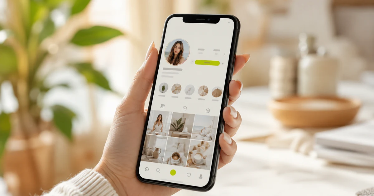 Ruka držící smartphone s otevřeným Instagram profilem s viditelným link in bio v popisku — světlý minimal interiér s rostlinami. Ilustrace pro článek o tvorbě link in bio