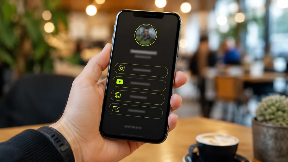 Ruka držící smartphone s otevřeným link in bio profilem na rdy.cz/@username — seznamem tlačítek pro Instagram, YouTube, web a kontakt jako alternativa Linktree