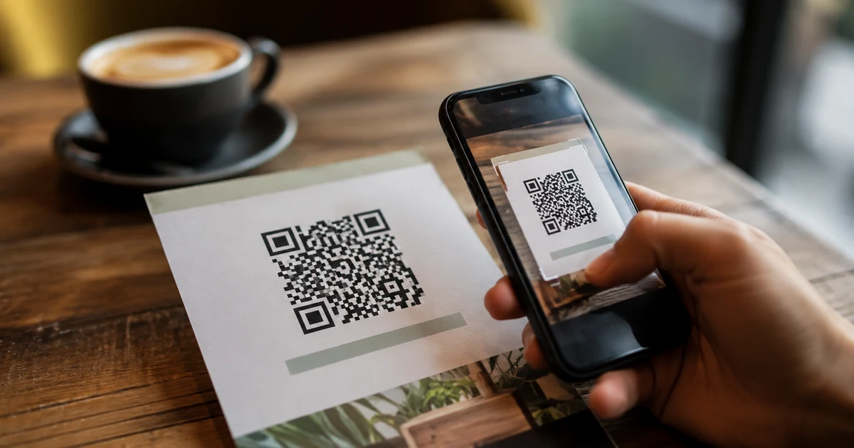Ruka skenuje telefonem QR kód na tištěném letáku, pod kódem je vidět krátká webová adresa — měřitelný odkaz na offline reklamě