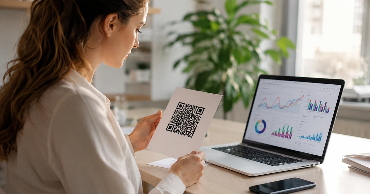 Marketér u stolu drží papírový leták s QR kódem, vedle notebook s grafy návštěvnosti — propojení offline reklamy s online daty