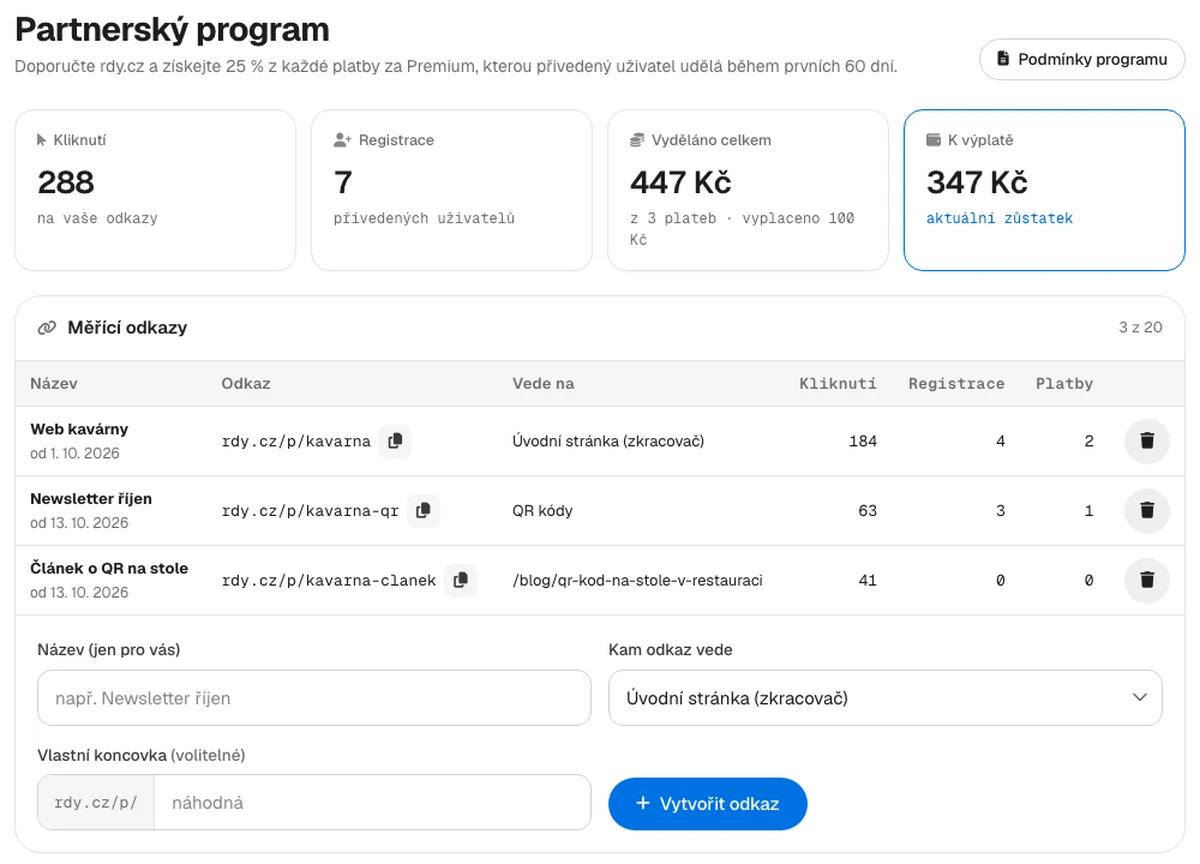 Partnerský portál na rdy.cz: karty s počtem kliknutí, registrací, vyděláno celkem a k výplatě, pod nimi tabulka měřících odkazů s kliky, registracemi a platbami