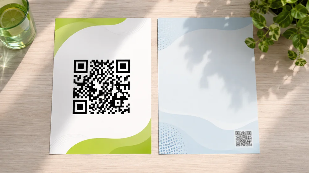 Srovnání dvou letáků vedle sebe — vlevo správně navržený velký jasný QR kód s vysokým kontrastem, vpravo nečitelný malý QR kód v rohu se slabým kontrastem. Příklad správného a špatného designu QR kódů