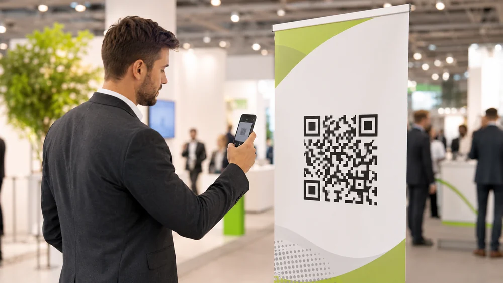 Návštěvník konference v saku skenuje smartphonem velký QR kód na roll-up banneru u výstavního stánku — typické nasazení QR kódů na eventech, výstavách a konferencích