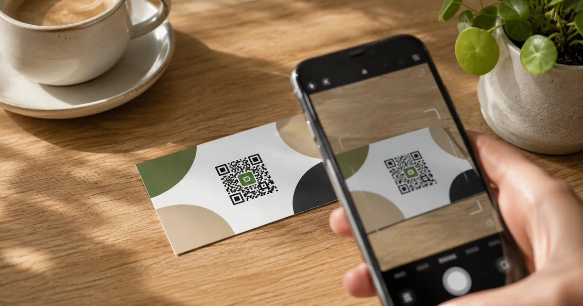 Vizitka s QR kódem a logem na dřevěném stole, telefon skenuje kód