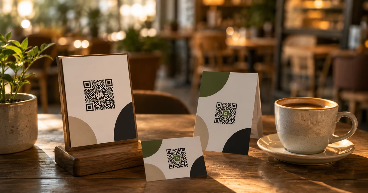 Příklady využití QR kódu — stojánek s QR menu na stole v kavárně, vizitka s QR kódem a leták