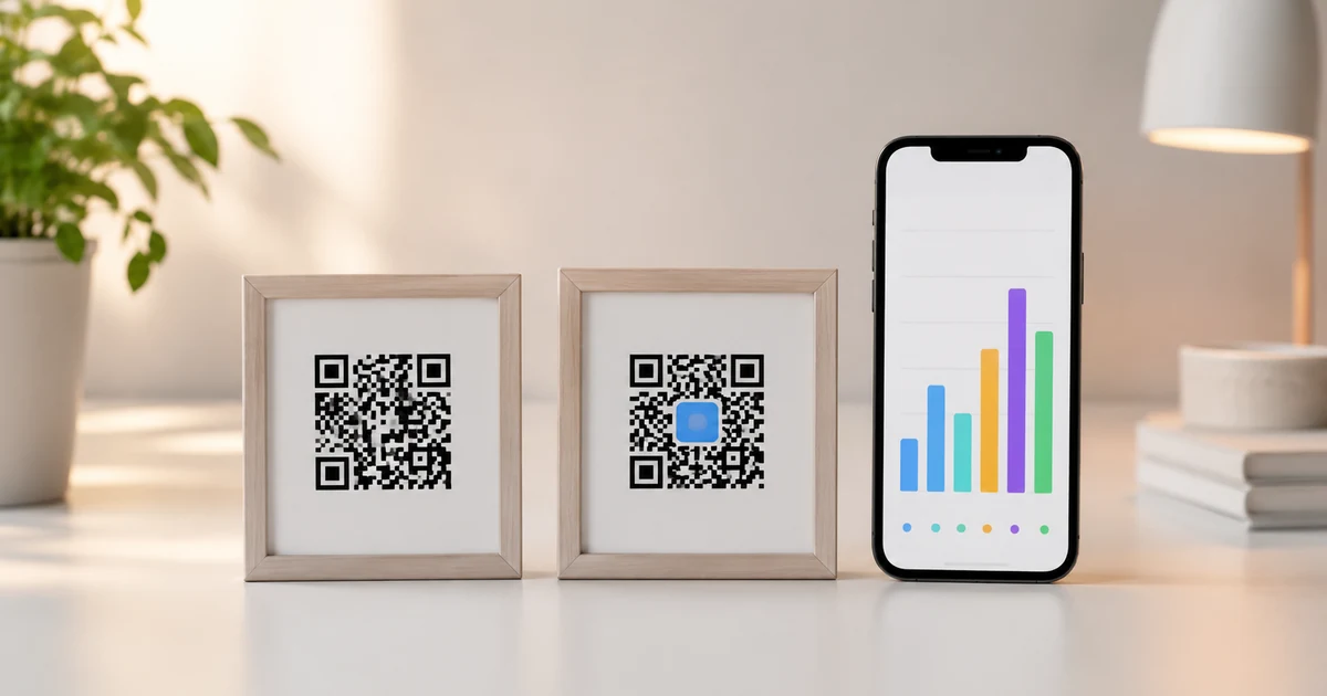 Dva QR kódy vedle sebe na stole — statický s logem a měřitelný s grafem statistik skenování
