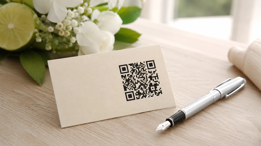Detail papírové vizitky s velkým černým QR kódem ležící na světlém dřevěném stole vedle elegantního plnicího pera — moderní podoba kontaktní vizitky pro malé firmy
