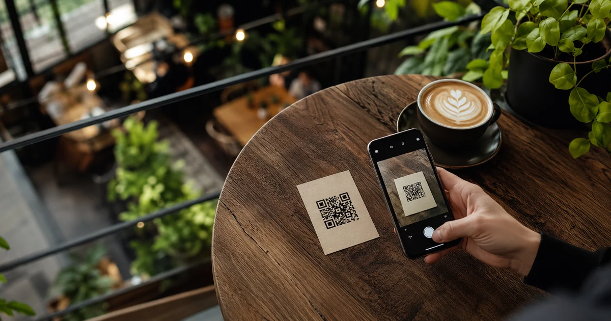 Kavárenský stolek s vizitkou s QR kódem a smartphonem, který ho skenuje — symbol QR kódů pro malé firmy