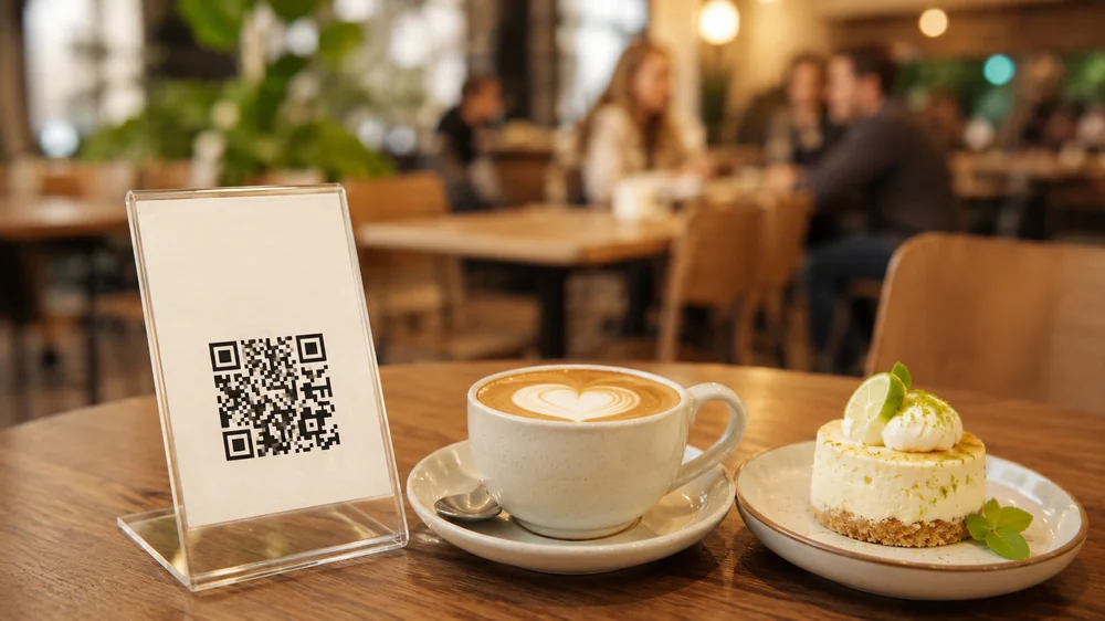 QR kód na akrylovém stojanu na stole v kavárně vedle šálku kapučína se srdíčkem v pěně a dezertu — digitální QR menu pro restauraci, kavárnu nebo bistro