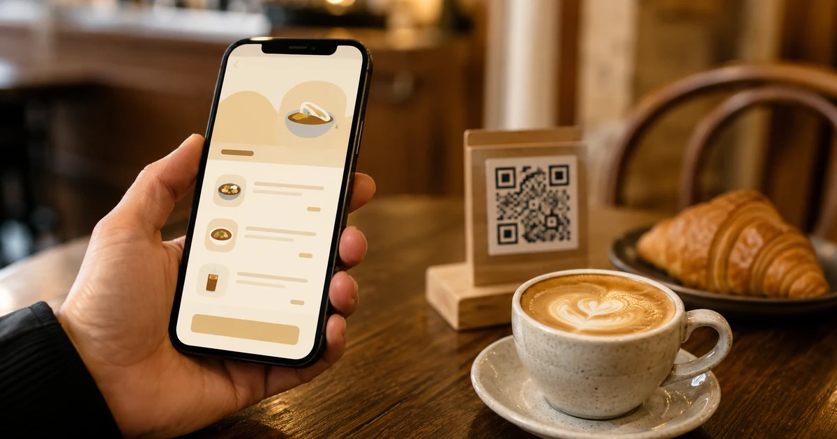 Host kavárny skenuje QR menu telefonem nad dřevěným stojánkem, kapučíno a croissant na stole