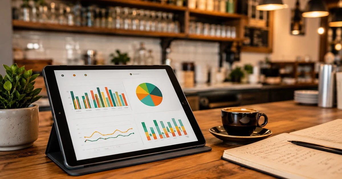 Tablet s analytickým dashboardem QR menu na barovém pultu, espresso a notes vedle