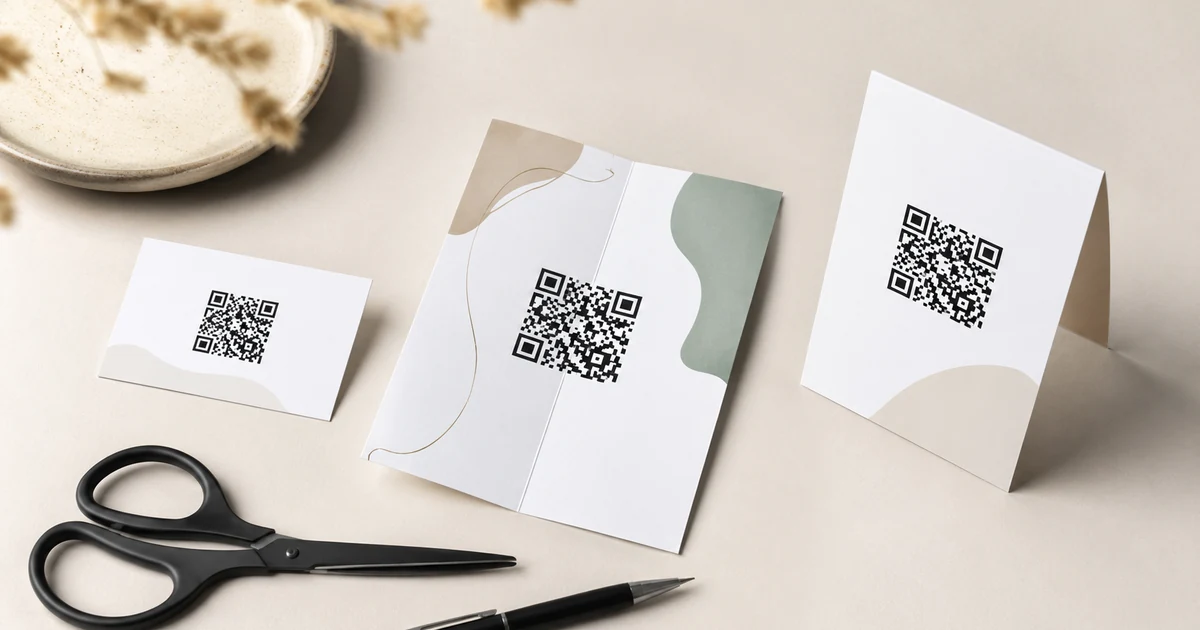 Vytištěná vizitka, leták a stojánek na stůl s QR kódy na světlém stole