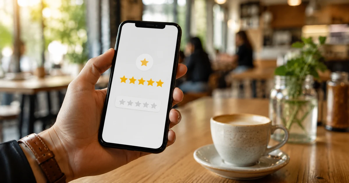 Ruka drží telefon s otevřeným okénkem pro napsání Google recenze a pěti hvězdičkami v kavárně