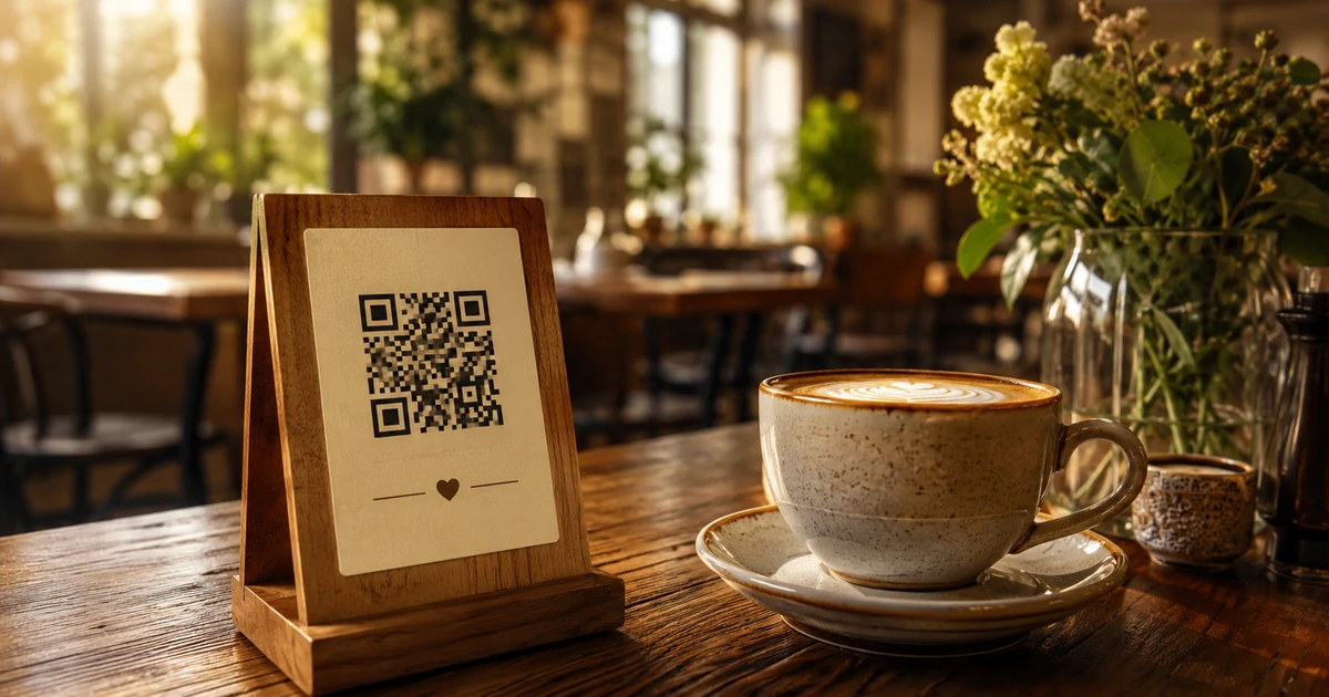 Dřevěný stojánek s QR kódem na Google recenzi na stole v kavárně vedle šálku kávy