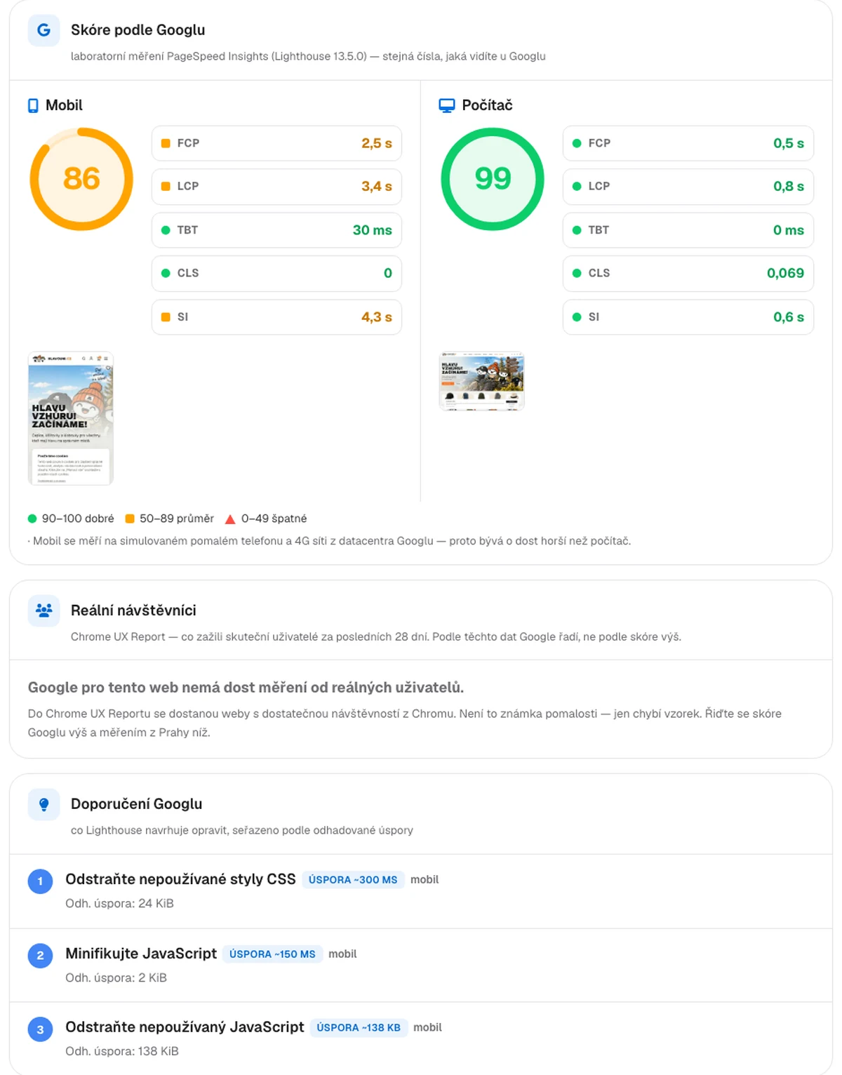 Report měření rychlosti webu na rdy.cz: skóre, hodnoty Core Web Vitals, seznam nalezených problémů s doporučením, co opravit nejdřív