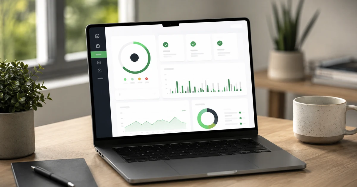 Notebook s výsledky SEO analýzy webu a skóre na obrazovce