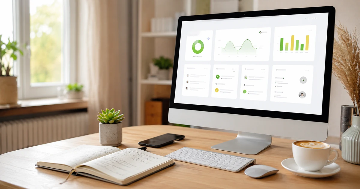 Pracovní stůl s monitorem zobrazujícím marketingový dashboard, notebookem a kávou — UTM Builder v rdy.cz dashboardu