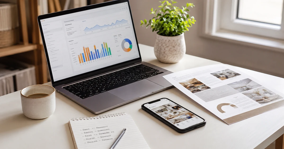 Stůl marketingového analytika s laptopem zobrazujícím grafy návštěvnosti, smartphonem, notepadem a kávou