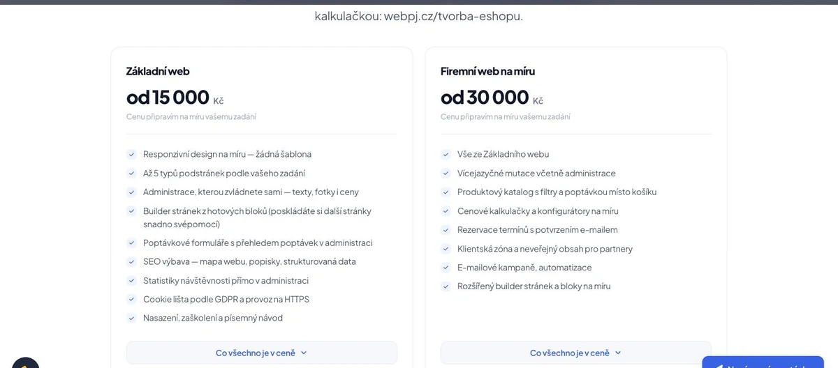 Ceník tvorby webů — Základní web od 15 000 Kč a Firemní web na míru od 30 000 Kč s výčtem obsahu balíčků