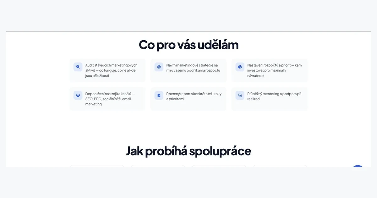 Přehled marketingové konzultace — audit aktivit, návrh strategie, rozpočty, doporučení nástrojů a písemný report